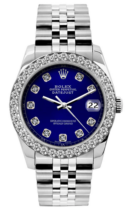 ROLEX DATEJUST DIAMOND WATCH, 26MM, STAINLESS STEELBRACELET BLUE DIAL W/ DIAMOND BEZEL